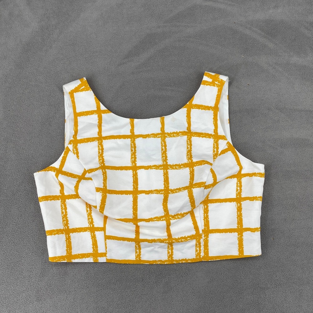 NY & Co Yellow White Grid Print Sleeveless Crop Top Back Zip Size 16 5828